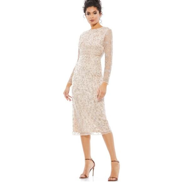 Mac Duggal  Beige Beaded Tea Length Dress w/ Sheer Sleeves 10812 - 12 - NWT - Picture 1 of 14